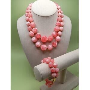 Vintage Pink Lucite Necklace Bracelet Set Chunky Marbled 1950s